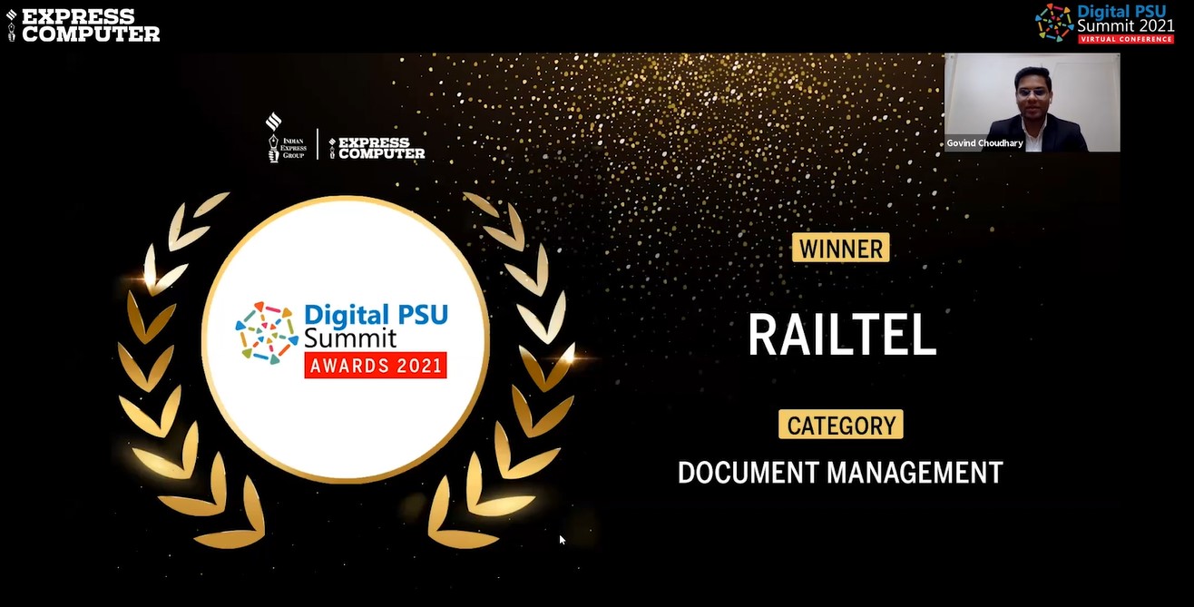 RailTel wins Digital PSU Summit Awards 2021, by Express Computer (Indian Express Group), in Document Management caterogy
